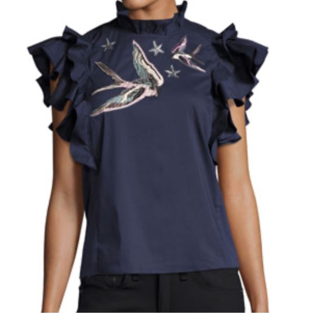 Rebecca Taylor Navy Blouse with Ruffle Sleeves and Bird Embroidery